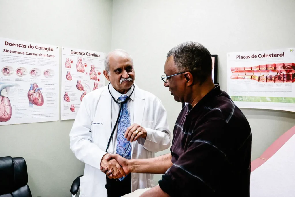 Foto de um consultório médico onde um cardiologista idoso, de jaleco branco e estetoscópio no pescoço, aperta a mão de um paciente sentado à sua frente. Ao fundo, as paredes exibem cartazes informativos em português sobre "Doenças do Coração" e "Placas de Colesterol", com ilustrações anatômicas. O ambiente transmite um clima de confiança e atendimento profissional.
