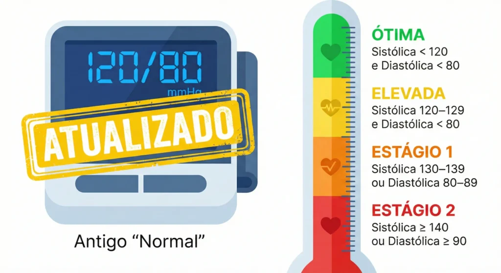 Infográfico sobre novos índices de pressão arterial e hipertensão. À esquerda, um medidor digital exibe o valor 120/80 mmHg com um carimbo amarelo escrito "ATUALIZADO" e a legenda inferior "Antigo 'Normal'". À direita, uma escala vertical colorida em formato de termômetro detalha quatro categorias:
Ótima (Verde): Sistólica < 120 e Diastólica < 80.
Elevada (Amarelo): Sistólica 120–129 e Diastólica < 80.
Estágio 1 (Laranja): Sistólica 130–139 ou Diastólica 80–89.
Estágio 2 (Vermelho): Sistólica ≥ 140 ou Diastólica ≥ 90.