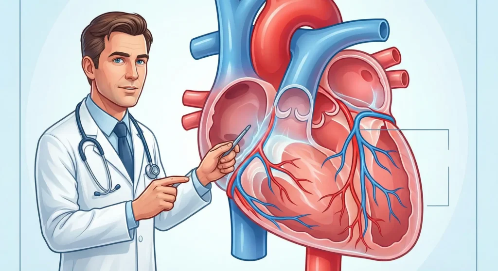 Ilustração em estilo artístico e detalhado de um médico cardiologista de jaleco branco e estetoscópio, apontando para um diagrama ampliado e anatomicamente detalhado do coração humano. O coração mostra as câmaras, artérias e veias principais em tons de vermelho e azul. O médico utiliza uma pequena haste para indicar uma seção específica do órgão, com um fundo claro e minimalista.