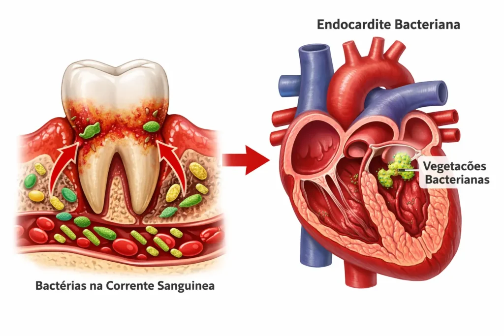 Infográfico didático em fundo branco. No lado esquerdo, o corte de um dente mostra gengivas inflamadas e bactérias (representadas por ovais verdes e amarelos) penetrando em um vaso sanguíneo. No centro, uma seta vermelha aponta para o lado direito, onde um corte transversal do coração humano revela 'vegetações bacterianas' amontoadas em uma das válvulas. O texto na imagem identifica os processos como 'Bactérias na Corrente Sanguínea' e 'Endocardite Bacteriana'.
