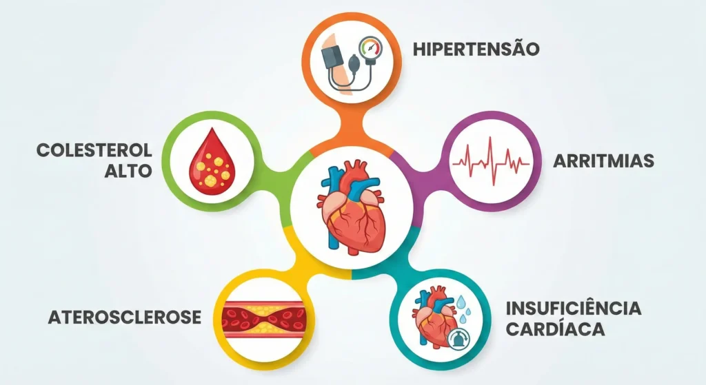 Um infográfico com um coração humano estilizado no centro, conectado por linhas curvas a cinco círculos coloridos que ilustram condições cardiovasculares. No topo, um círculo laranja mostra um esfigmomanômetro com o texto "HIPERTENSÃO". No canto superior direito, um círculo roxo exibe um traçado de ECG e o texto "ARRITMIAS". No canto inferior direito, um círculo ciano contém um coração com uma bomba e gotas, rotulado "INSUFICIÊNCIA CARDÍACA". No canto inferior esquerdo, um círculo amarelo ilustra uma artéria obstruída por placa e o texto "ATEROSCLEROSE". No canto superior esquerdo, um círculo verde mostra uma gota de sangue com partículas, acompanhado do texto "COLESTEROL ALTO". O fundo é branco limpo.